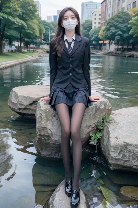  Telephoto lens, background blur,Best quality, 1 girl, xtt's body,outdoor,sunshine,river,Waterfall,rock,stone,backlight,(((school uniform))),look at viewer,face,coat,black shoes,white coat,pantyhose,full_body,blue Pleated skirt,tie, photo pose, shapely body, xtt, aki,((mask)),(((sitting on rock))),crossed legs,arms behind back