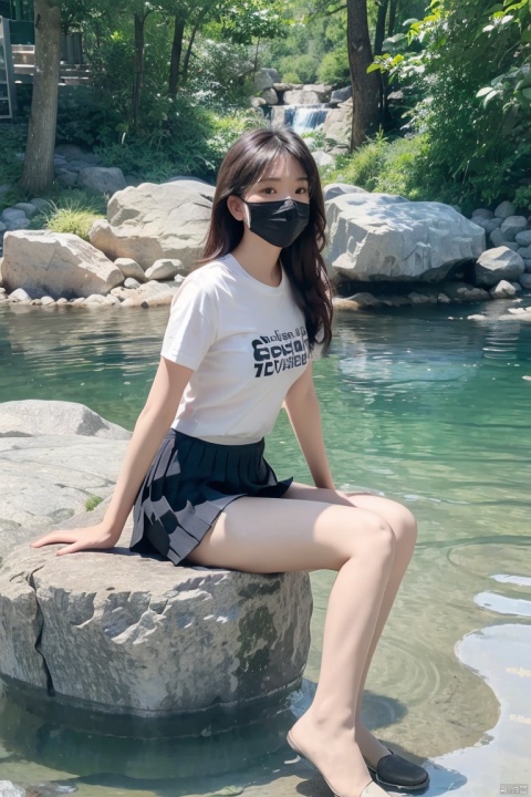  ultra HD,Telephoto lens, background blur,Best quality, 1 girl,outdoor,sunshine,river,Waterfall,rock,stone,backlight,((t-shirt,miniskirt, black pantyhose,Pleated skirt)),look at viewer,photo pose, shapely body,((full body)),(((white mask))),(((sitting on rock))),arms behind back
