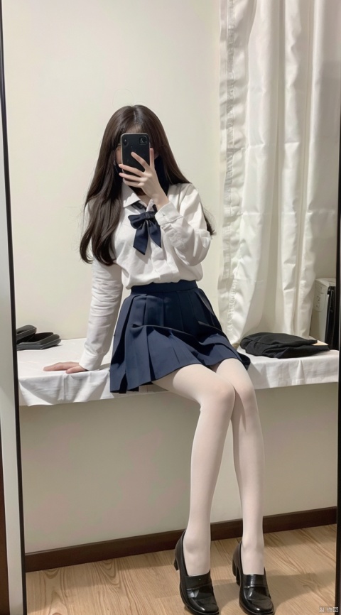  8K,Best quality, 1girl, xtt's body,A photo of oneself taken with a phone in front of a mirror,more details,white mask,full body,long wave hair,school uniform,Wearing black Pleated skirt, wearing black pantyhose , sitting, ((Mobile selfie perspective)), shapely body,midnight, xtt, aki