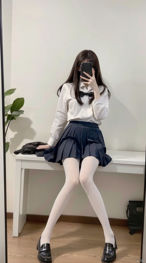  8K,Best quality, 1girl, xtt's body,A photo of oneself taken with a phone in front of a mirror,more details,white mask,full body,long wave hair,school uniform,Wearing black Pleated skirt, wearing black pantyhose , sitting, ((Mobile selfie perspective)), shapely body,midnight, xtt, aki