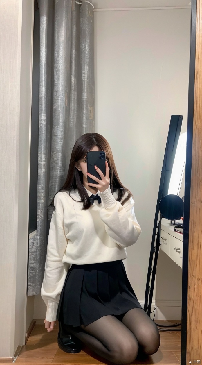  Best quality, 1girl, xtt's bodyA photo of oneself taken with a phone in front of a mirror ,full body, Wearing black Pleated skirt, wearing pantyhose , kneeling, Mobile selfie perspective, shapely body,midnight, xtt, aki