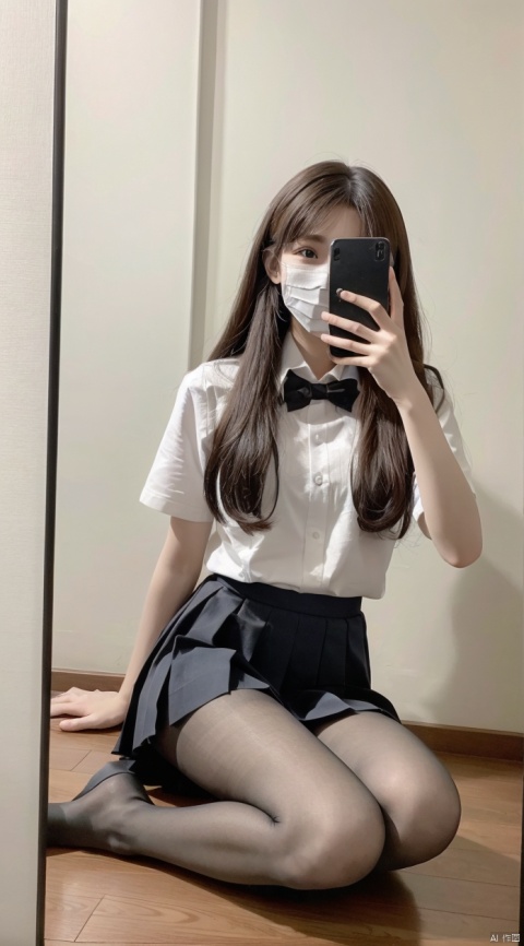  8K,Best quality, 1girl, xtt's body,A photo of oneself taken with a phone in front of a mirror,more details,white mask,full body,long wave hair,school uniform,Wearing black Pleated skirt, wearing black pantyhose , sitting, ((Mobile selfie perspective)), shapely body,midnight, xtt, aki