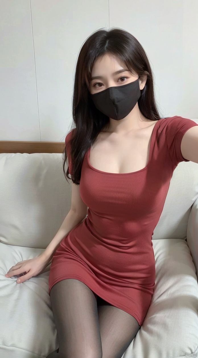  Best quality, 1girl, xtt's body,(red dress),full body, black pantyhose,((mask)) photo pose,sitting in sofa,crossed legs, shapely body, xtt, aki,Take a selfie,look at viewer,Gentle eyes,smile,