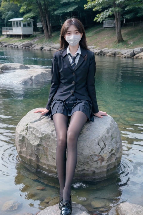  Telephoto lens, background blur,Best quality, 1 girl, xtt's body,outdoor,sunshine,river,rock,stone,backlight,(((school uniform))),look at viewer,face,coat,black shoes,white coat,pantyhose,full_body,blue Pleated skirt,tie, photo pose, shapely body, xtt, aki,((mask)),(((sitting on rock))),crossed legs,crossed arms