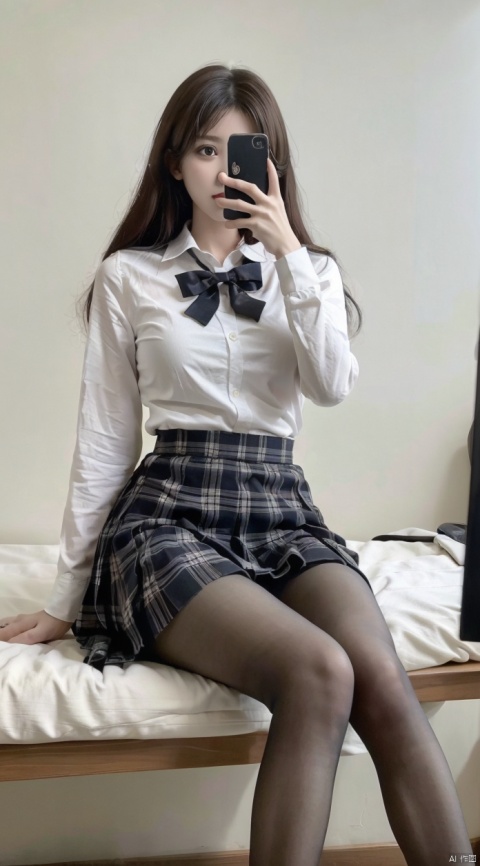 8K,Best quality, 1girl, xtt's body,A photo of oneself taken with a phone in front of a mirror,more details,white mask,full body,long wave hair,school uniform,Wearing blue Pleated skirt, wearing black pantyhose , sitting, ((Mobile selfie perspective)), shapely body,midnight, xtt, aki
