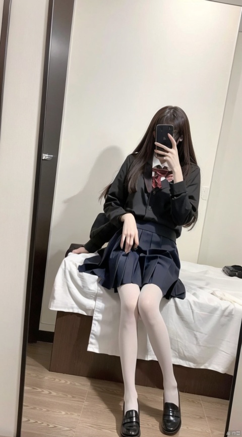  8K,Best quality, 1girl, xtt's body,A photo of oneself taken with a phone in front of a mirror,more details,white mask,full body,long wave hair,school uniform,Wearing black Pleated skirt, wearing black pantyhose , sitting, ((Mobile selfie perspective)), shapely body,midnight, xtt, aki