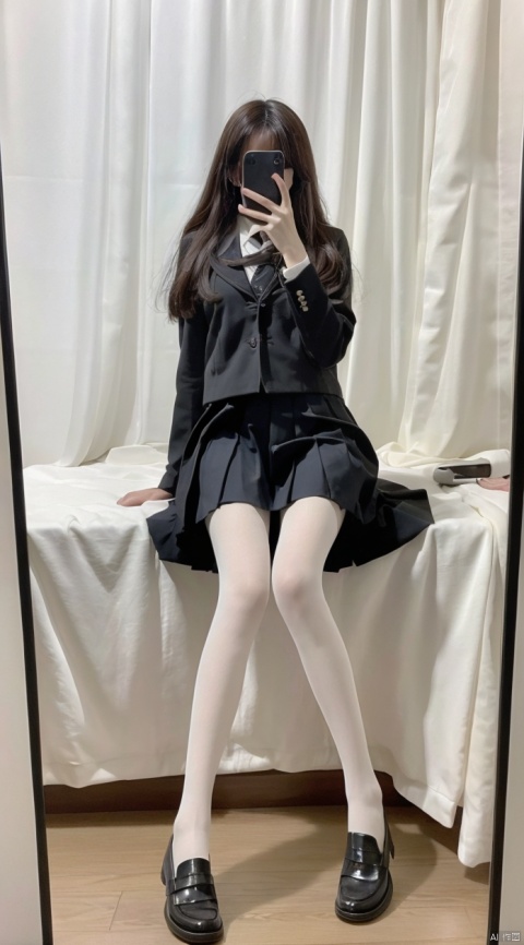  8K,Best quality, 1girl, xtt's body,A photo of oneself taken with a phone in front of a mirror,more details,white mask,full body,long wave hair,school uniform,Wearing black Pleated skirt, wearing black pantyhose , sitting, ((Mobile selfie perspective)), shapely body,midnight, xtt, aki