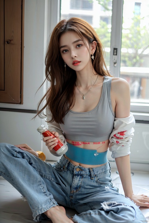  sj, 1girl, solo, barefoot, brown hair, sitting, jewelry, pants, denim, indoors, crop top, jeans, breasts, earrings, midriff, bottle, parted lips, underwear, jacket, necklace, realistic, looking at viewer, sports bra, bra, indian style, window