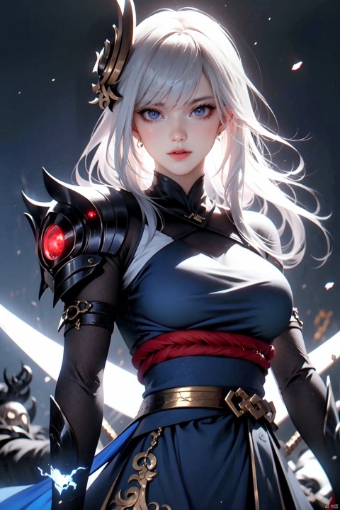  1 girl, white hair,Red lips,blue eyes,(Beautiful face), Lich King, undead swordsman, wearing armor decorated with skulls, burning blue flames all over her body, golden glowing eyes, slashing the sword in her hand, violent, angry and fierce, standing behind A broken skeleton dragon,guijian,armor,Xguang, headless,tifa,edgdeathknight