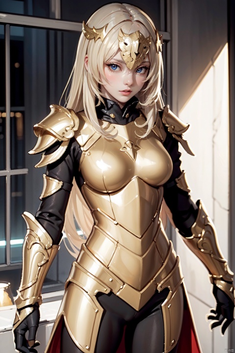  High quality, masterpiece, wallpaper, cinematic graphics,1girl,(( gold armor),blue eyes, breasts ,cowboy shot, medium breasts,standing, 1girl, 21yo girl, strength