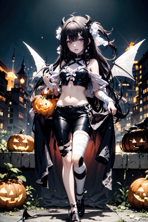  {masterpiece},1girl,standing,full body,dynamic pose,navel,bare shoulders,jack-o'-lantern,will-o'-the-wisp (mythology),bandages,genie,ghost,candy,(long hair:1.2),halloween,halloween costume,hime cut,messy hair,floating hair,(demon wings:1.2), JaLanteen, cozy anime, wansheng, darktheme, WaHaa