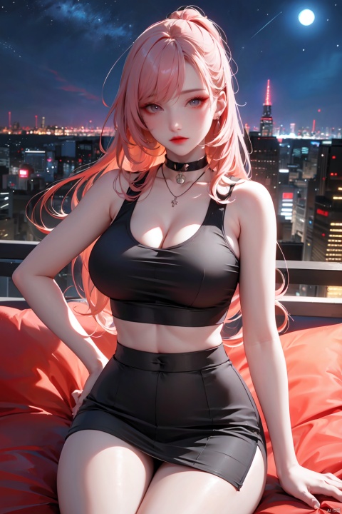  KK-Comic Style,1girl,long hair,looking at viewer,bangs,lips,makeup,on bed,red lips,peach blossom eye,pink hair,crop_top,skirt,night_sky,rooftop,city,neon lights,highly detailed,ultra-high resolutions,32K UHD,best quality,masterpiece,,