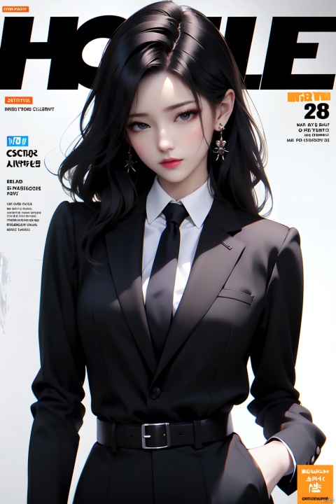  magazine, (cover-style:1.1), fashionable, vibrant, outfit, posing, front, colorful, solo, looking at viewer, shirt,((1girl)), (eastern dragon:1.5),white shirt,necktie, collared shirt, pants, black pants, formal, suit, black necktie, watch, black suit,Visual impact,A shot with tension,(upper body:1.0),cold attitude, Ear stud,tattoo,

