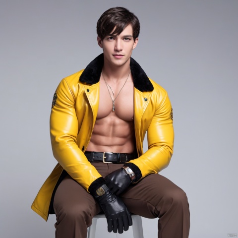 male focus, 1boy, solo, muscular, pectorals, muscular male, jacket, pants, yellow jacket, abs, necklace, sitting, belt, white background, open clothes, bara, short hair, gloves, boots, jewelry, open jacket, brown hair, looking at viewer
