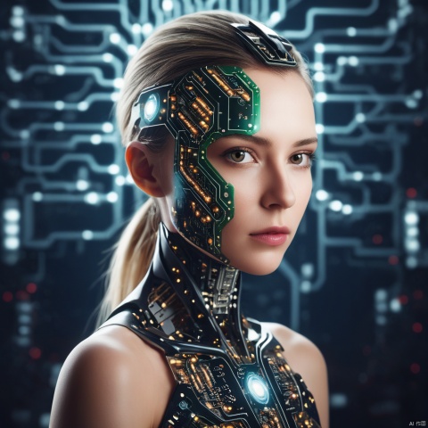 cinematic still digital illustration photograph of a female humanroid with human vs circuitboard on face, 35mm, anime artwork:2,  yinyang, center focus