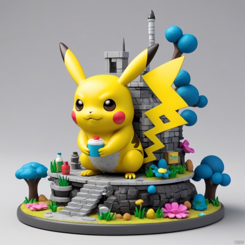 (Fantasy Micro Architecture Island) Kawaii Pikachu Painter changes body colors to match his vibrant paintings. Rendered in an animated style, the focus is on the chameleon's adorable big eyes and intricate patterns on his body. Monochrome background