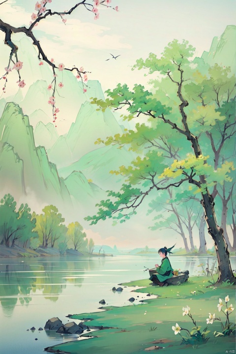  1girl,capture a serene early spring scene on a misty lake. trees with fresh green buds line the shore. above, a pair of swallows fly among young willow branches. the atmosphere is calm and expectant, signaling the awakening of nature, gf, ycbh