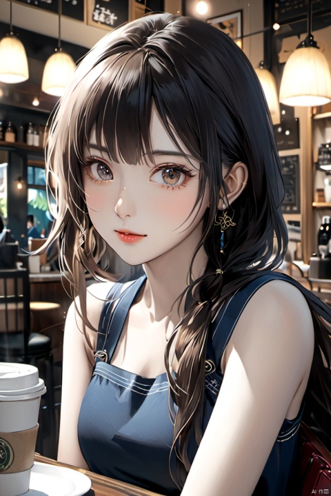  Anime style, cool feeling, high-end photos,
 Asian girl,
Coffee shop background,
artist Sargent's color, realistic facial features, beautiful lighting, extremely beautiful facial details and delicate eyes, clear and three-dimensional facial features, 32K, niji style,ghibli style,