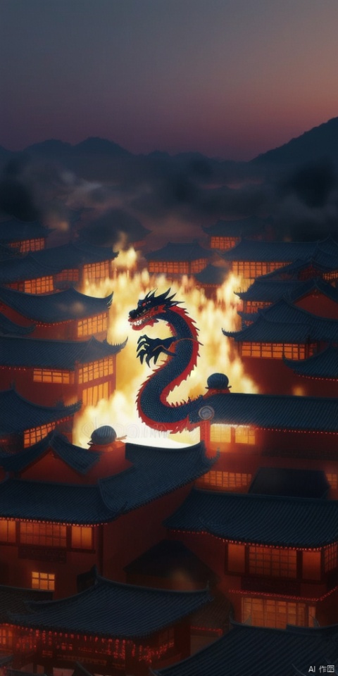  Spring Festival, dusk,(1 Eastern Dragon: 1.2), mist, A small village,Cooking Smoke Meow,fireworks, firecrackers, red lanterns, flames, vermilion doors, realistic high-definition photography, vector illustration,迪士尼, FANTASY