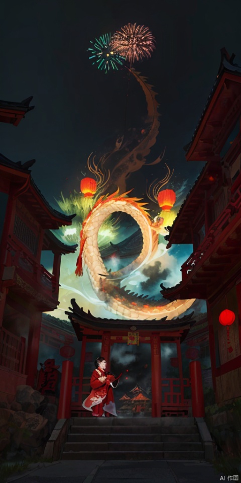  Spring Festival, dusk,(1 Eastern Dragon: 1.2), mist, A small village,Cooking Smoke Meow,fireworks, firecrackers, red lanterns, flames, vermilion doors, realistic high-definition photography, vector illustration