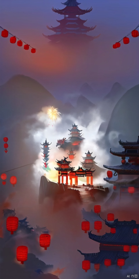  Spring Festival, dusk,(1 Eastern Dragon: 1.2), mist, A small village,Cooking Smoke Meow,fireworks, firecrackers, red lanterns, flames, vermilion doors, realistic high-definition photography, vectorillustration,迪士尼, FANTASY