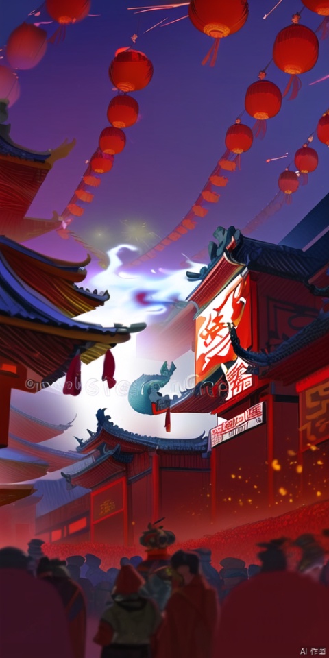  Spring Festival, dusk,(1 Eastern Dragon: 1.2), mist, A small village,Cooking Smoke Meow,fireworks, firecrackers, red lanterns, flames, vermilion doors, realistic high-definition photography, vector illustration,迪士尼, FANTASY