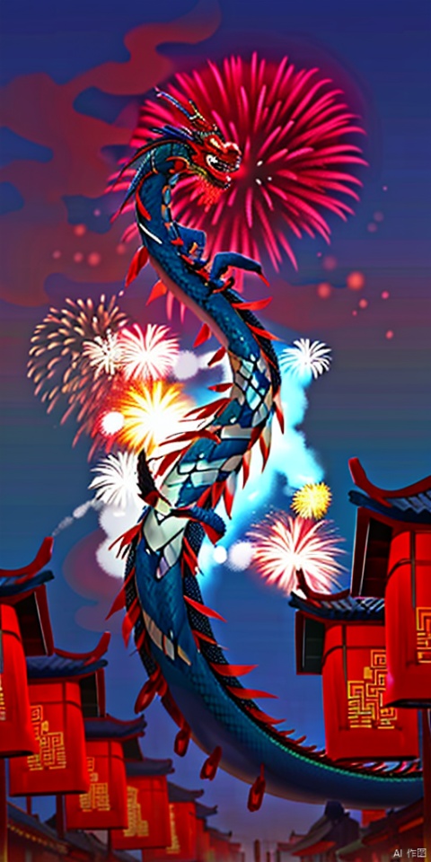  Spring Festival, dusk,(1 Eastern Dragon: 1.2), mist, A small village,Cooking Smoke Meow,fireworks, firecrackers, red lanterns, flames, vermilion doors, realistic high-definition photography, vector illustration,迪士尼, FANTASY, gjz