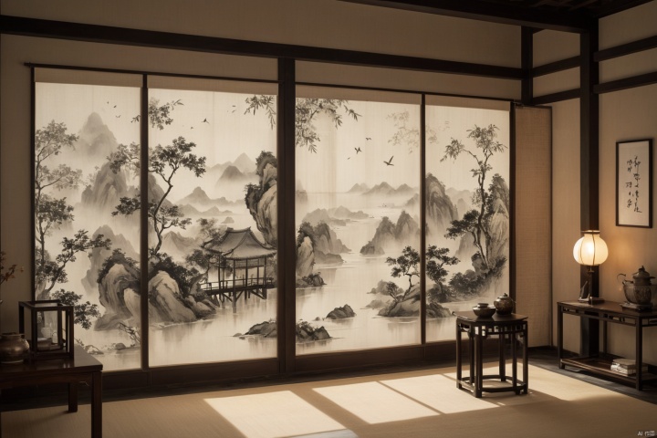 black ink painting, Three-dimensional sense, light and shadow tracing, Chinese-style bamboo light-transmitting screen with gauze curtain, the sky in the distance, hanging lamp, a Chinese-style wooden door on the right, adding details, high resolution, medium shot, natural light, transparency, curtains, floating gauze curtain, cool texture, screen window, warm colors, transparency, Chinese landscape scenery, warm colors, Chinese-style tea room, free play, relatively harsh sunshine, jingjing