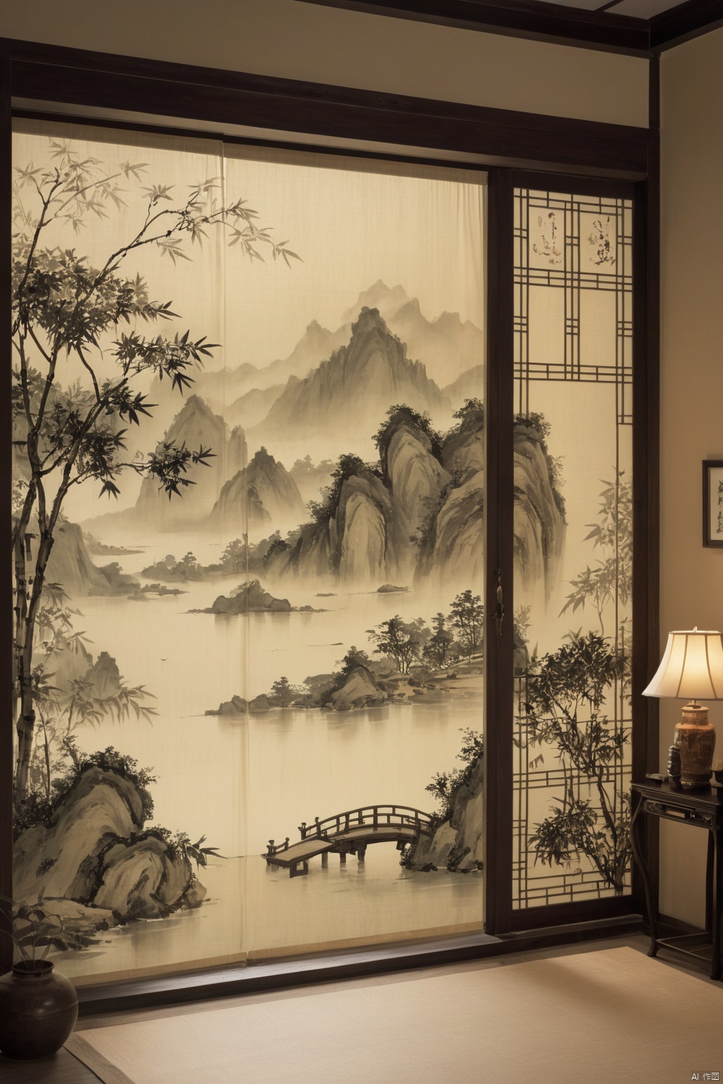 black ink painting, Three-dimensional sense, light and shadow tracing, Chinese-style bamboo light-transmitting screen with gauze curtain, the sky in the distance, hanging lamp, a Chinese-style wooden door on the right, adding details, high resolution, medium shot, natural light, transparency, curtains, floating gauze curtain, cool texture, screen window, warm colors, transparency, Chinese landscape scenery, warm colors, Chinese-style bedroom, free play, relatively harsh sunshine, jingjing