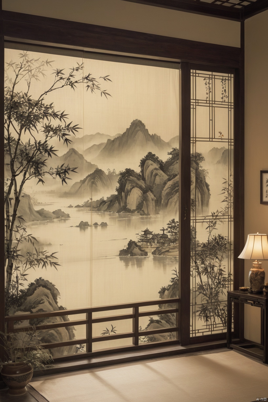 black ink painting, Three-dimensional sense, light and shadow tracing, Chinese-style bamboo light-transmitting screen with gauze curtain, the sky in the distance, hanging lamp, a Chinese-style wooden door on the right, adding details, high resolution, medium shot, natural light, transparency, curtains, floating gauze curtain, cool texture, screen window, warm colors, transparency, Chinese landscape scenery, warm colors, Chinese-style tea room, free play, relatively harsh sunshine, jingjing