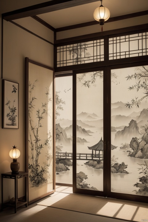black ink painting, Three-dimensional sense, light and shadow tracing, Chinese-style bamboo light-transmitting screen with gauze curtain, the sky in the distance, hanging lamp, a Chinese-style wooden door on the right, adding details, high resolution, medium shot, natural light, transparency, curtains, floating gauze curtain, cool texture, screen window, warm colors, transparency, Chinese landscape scenery, warm colors, Chinese-style tea room, free play, relatively harsh sunshine, jingjing