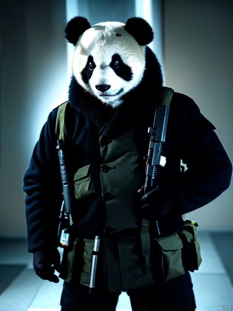 A panda wearing a special forces uniform, holding a weapon in his hand and posing handsomely, subjective shot, high-definition quality, clear details