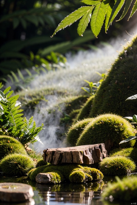  Strong sunlight shines through the trees on the tea table, (tea making station),macroshot,extreme closeup view,masterpiece,best quality,taixian,scenery,no humans,foreground tree,tree,outdoors,fog,nature,water,house,rock,depth of field,forest,day,moss,, taixian , scenery, moss,There is morning light deep in the forest,perspective macro photography, miniature photography, very little moss, perspective in a picturesque forest, award winning rendering, v-ray rendering, Artistic Composition Warm Color (Style), moss(style)