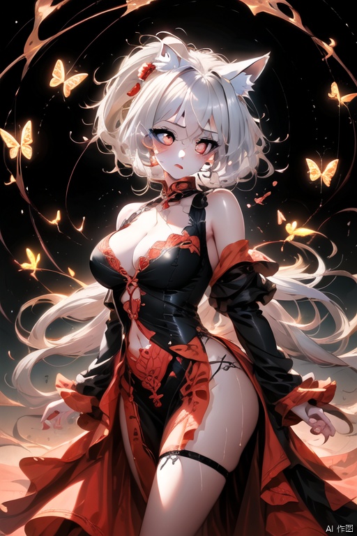  1girl, BrightNight_Kemonomimi, WhiteHairSuccubus, Stickers, BrightButterflies, LineArt, WhiteHair,