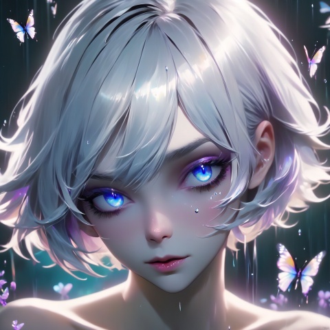  titlefont polychrome, glitch,(surreal:1.3), (chromatic aberration), (beautiful young female:1.4), (streaming tears), sad, (butterflies:1.2), (blue purple flowers), looking at viewer, partially submerged, hand on own face, topless, (white hair, short hair, bangs:1.2), hair flower, (glowing eyes), smirking, ripples, dark water, black background, (prismatic), iridescent, holographic,, , ,