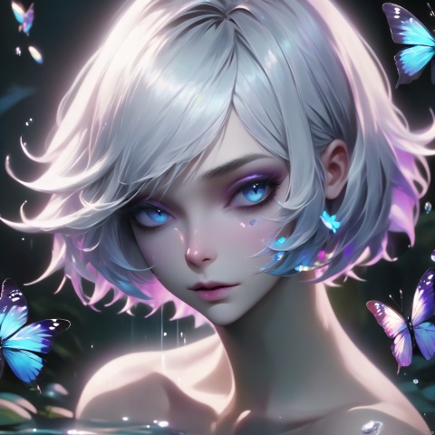  titlefont polychrome, glitch,(surreal:1.3), (chromatic aberration), (beautiful young female:1.4), (streaming tears), sad, (butterflies:1.2), (blue purple flowers), looking at viewer, partially submerged, hand on own face, topless, (white hair, short hair, bangs:1.2), hair flower, (glowing eyes), smirking, ripples, dark water, black background, (prismatic), iridescent, holographic,, , ,