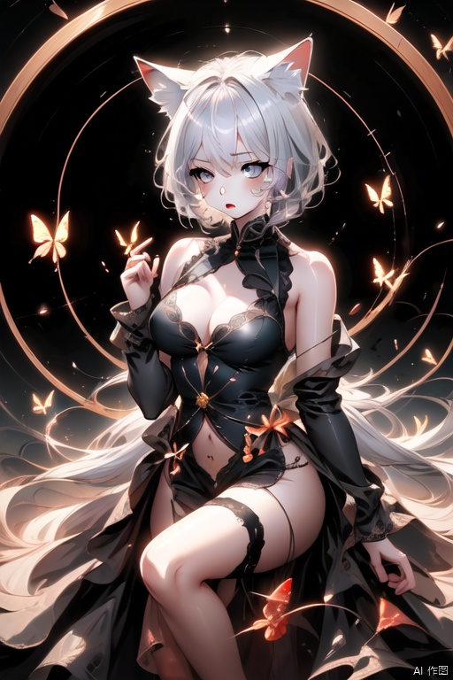  1girl, BrightNight_Kemonomimi, WhiteHairSuccubus, Stickers, BrightButterflies, LineArt, WhiteHair,