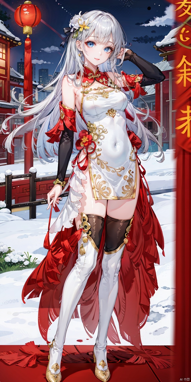  masterpiece, ultra detail, cinematic lighting, depth of field,(stylish_pose:1.5),
(1girl), (full body:1.15),(long silver hair),/./BREAK././/,(white chinese dress),
(white high heel thigh boots:1.5), /./././BREAK.//././ white high heel boots,,/./BREAK././/
cityscape,lantern,outdoors,scenery,sky,skyscraper,chinese new year,
(glowing_eye), ( confident), (blue eyes), (tsurime), (swept bangs:1.2), (blunt bangs),bangs,bishoujo,killer,high heelboots,white hair, 天启, chinese clothes,xuxin,天启