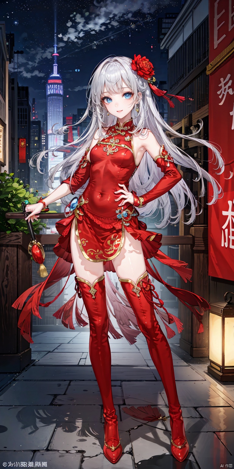  masterpiece, ultra detail, cinematic lighting, depth of field,(stylish_pose:1.5),
(1girl), (full body:1.15),(silver hair),/./BREAK././/,(red dress),
(red high heel thigh boots:1.2), /./././BREAK.//././, red high heel boots,,/./BREAK././/
cityscape,lantern,outdoors,scenery,sky,skyscraper,chinese new year,
(glowing_eye), ( confident), (blue eyes), (tsurime), (swept bangs:1.2), (blunt bangs), hair,bangs,blue_eyes,bishoujo,killer,high heelboots,white hair, fantasy,天启, chineseclothes,reddress,see-through, xuxin, , 1girl