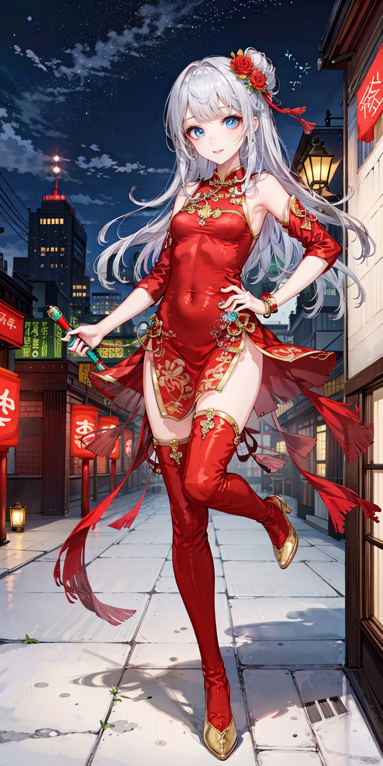  masterpiece, ultra detail, cinematic lighting, depth of field,(stylish_pose:1.5),
(1girl), (full body:1.15),(silver hair),/./BREAK././/,(red dress),
(white high heel thigh boots:1.5), /./././BREAK.//././ white high heel boots,,/./BREAK././/
cityscape,lantern,outdoors,scenery,sky,skyscraper,chinese new year,
(glowing_eye), ( confident), (blue eyes), (tsurime), (swept bangs:1.2), (blunt bangs),bangs,bishoujo,killer,high heelboots,white hair, 天启, chineseclothes,reddress,see-through, xuxin,天启, tianqi