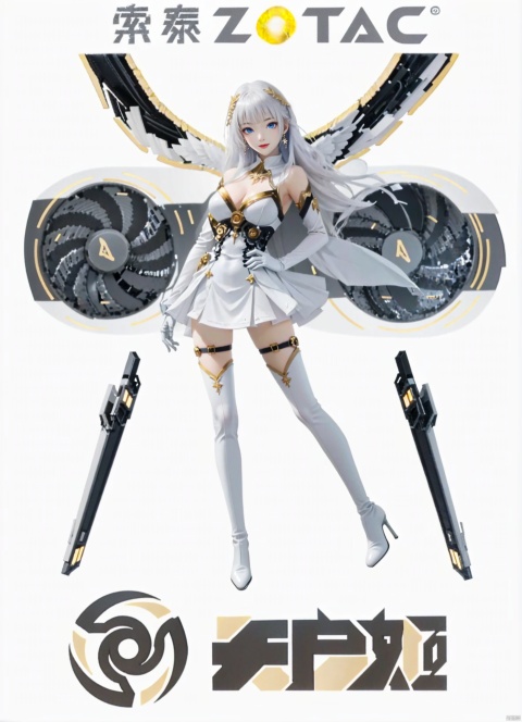  (incredibly detailed),1girl,(white hair,swept bangs,blunt bangs),blue eyes,white elbow gloves,(white high heel thigh boots),(white_stiletto_heel_boots),(mechanical_wings:1.8),(goddess,angel.royal),(golden_decorations:1.8), (white background:1.5)
