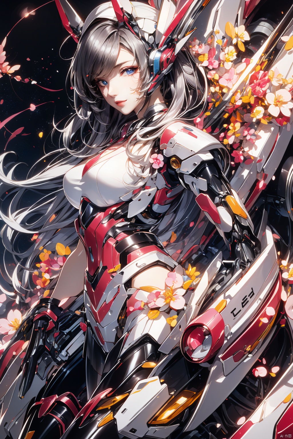  Masterpiece, best quality (illustration), cute detail face, 1 girl, solo, long_ Hair, white hair, blue eyes, dress, boots, mecha, robot joints, single robot arm, headgear, mechanical wings with vertical takeoff and landing fans, black and white dress, gray wings, mechanical wings, mechanical ears, detailed background, beautiful sunrise, orange sky, pink clouds, golden rays, hair, magic, scenery, 1girl,police,pencil_skirt,high_heels, Pink Mecha