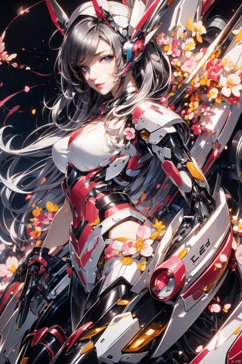  Masterpiece, best quality (illustration), cute detail face, 1 girl, solo, long_ Hair, white hair, blue eyes, dress, boots, mecha, robot joints, single robot arm, headgear, mechanical wings with vertical takeoff and landing fans, black and white dress, gray wings, mechanical wings, mechanical ears, detailed background, beautiful sunrise, orange sky, pink clouds, golden rays, hair, magic, scenery, 1girl,police,pencil_skirt,high_heels, Pink Mecha