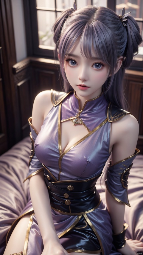  1girl, light purple hair, twintails, blue eyes, dress, detached sleeves, looking at viewer, lying, perfect body, scenery, sharp focus, best quality, masterpiece, detailed outfit, illustration, perfect eyes, finely detailed beautiful anime eyes, realistic skin, intricate details, best lighting, depth of field, ultra high resolution, bed, from above
