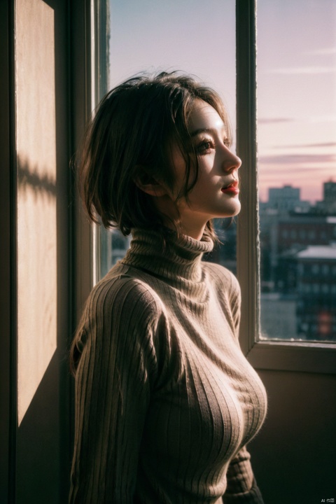 best quality,masterpiece,ultra highres,(photorealistic:1.3),8K,RAW,natural skin texture,pretty girl,side view,super model,dark brown eyes,stunning beautiful detailed eyes,seductive smile,in (undersized tight turtleneck_sweater:1.2),skimpy clothes,high detailed skin,shiny skin,short hair,make up,big tits,narrow waist,indoor,dark analogue photography,dusk,night,dramatic lighting,light from window,light source contrast,soft shadow,film grain,35mm film,upper body,,,, Light master