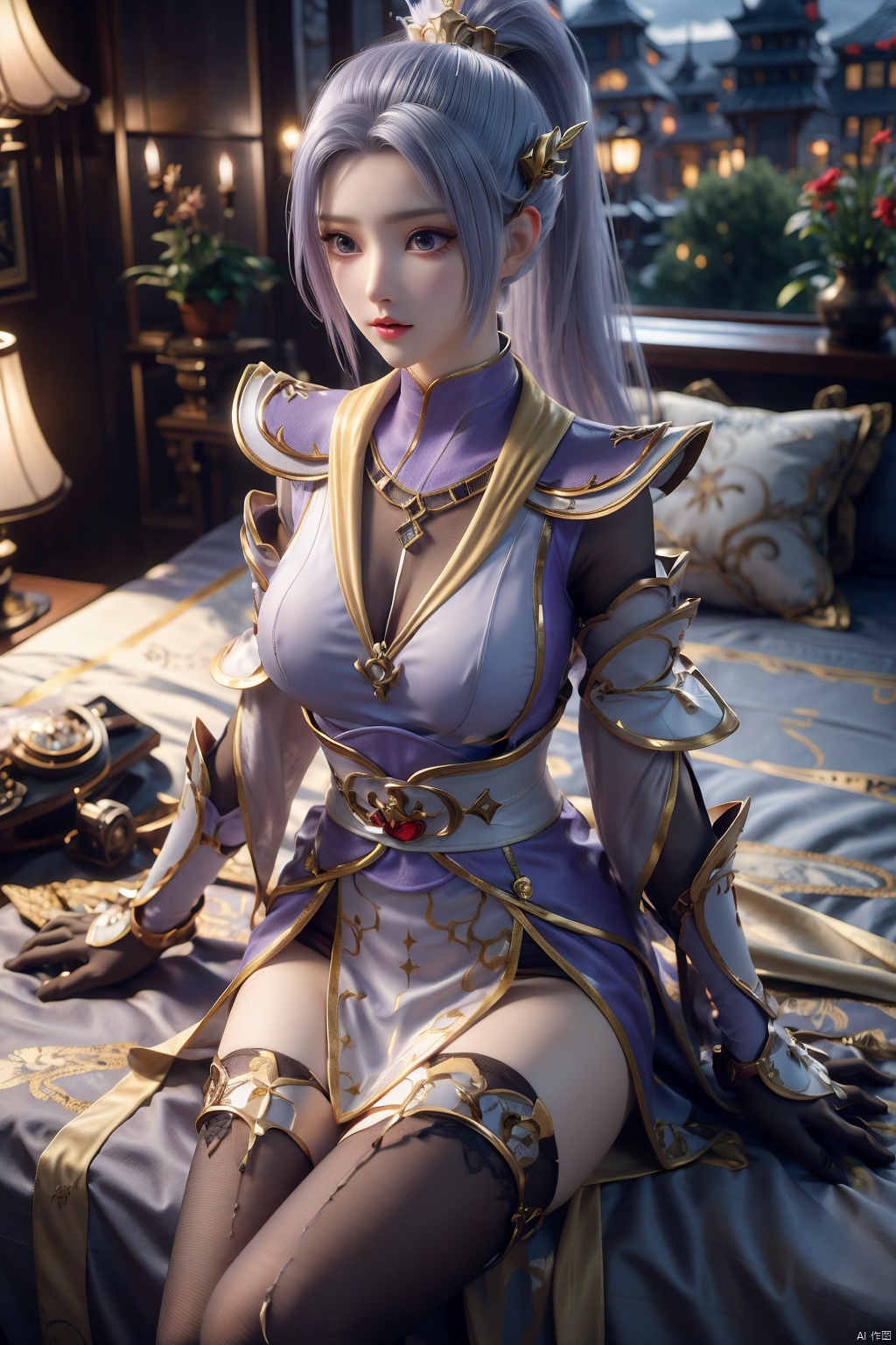  1girl, light purple hair, black thighhighs, ponytail, gloves, blue eyes, long hair, breasts, armor, hair ornament, black gloves, looking at viewer, lying, perfect body, scenery, sharp focus, best quality, masterpiece, detailed outfit, illustration, perfect eyes, finely detailed beautiful anime eyes, realistic skin, intricate details, best lighting, depth of field, ultra high resolution, bed, from above