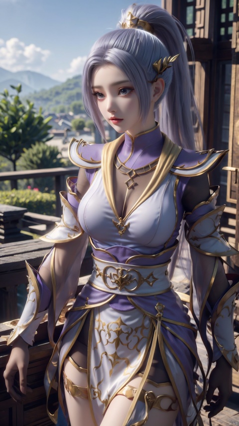  1girl, light purple hair, black thighhighs, ponytail, gloves, blue eyes, long hair, breasts, armor, hair ornament, black gloves, looking at viewer, lying, perfect body, scenery, sharp focus, best quality, masterpiece, detailed outfit, illustration, perfect eyes, finely detailed beautiful anime eyes, realistic skin, intricate details, best lighting, depth of field, ultra high resolution, bed, from above