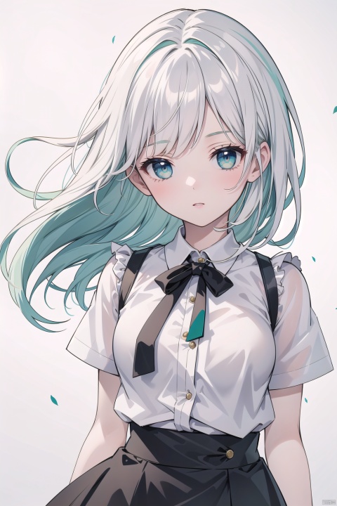  masterpiece, best quality, best illustration, ultra-detailed, upper body, solo, 1 girl, looking at viewer, upright, arms at sides, beautiful detailed eyes, concept art, white background, simple background, white hair, green gradient hair, short sleeves, watercolor pencil, expressionless,
