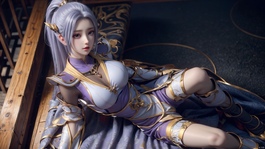  1girl, light purple hair, black thighhighs, ponytail, gloves, blue eyes, long hair, breasts, armor, hair ornament, black gloves, looking at viewer, lying, perfect body, scenery, sharp focus, best quality, masterpiece, detailed outfit, illustration, perfect eyes, finely detailed beautiful anime eyes, realistic skin, intricate details, best lighting, depth of field, ultra high resolution, bed, from above