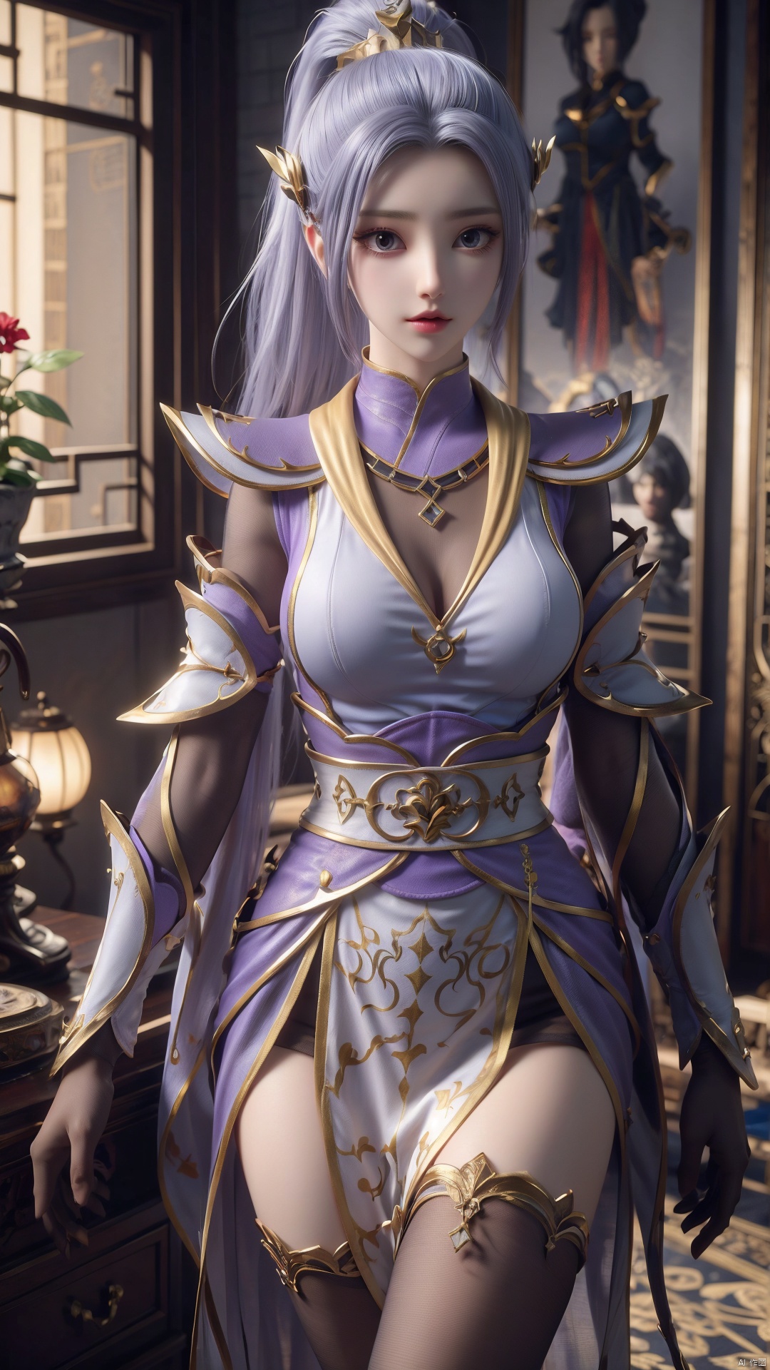  1girl, light purple hair, black thighhighs, ponytail, gloves, blue eyes, long hair, breasts, armor, hair ornament, black gloves, looking at viewer, lying, perfect body, scenery, sharp focus, best quality, masterpiece, detailed outfit, illustration, perfect eyes, finely detailed beautiful anime eyes, realistic skin, intricate details, best lighting, depth of field, ultra high resolution, bed, from above